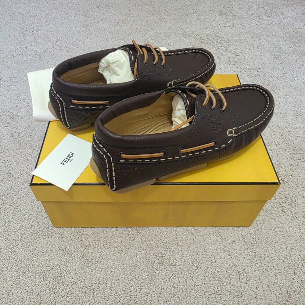 Fendi Deck Brown Leather Logo Boat Shoes Loafers Men’s Size 8 / US 9 NIB - Picture 5 of 8